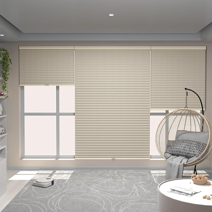 MYshade Cordless Blackout Window Blinds & Shades Pull Down Room Darkening Window Shades Light Blocking Honeycomb Cellular Shade for Indoor Windows Easy to Install 34 inch Wide, H72 Beige Blinds