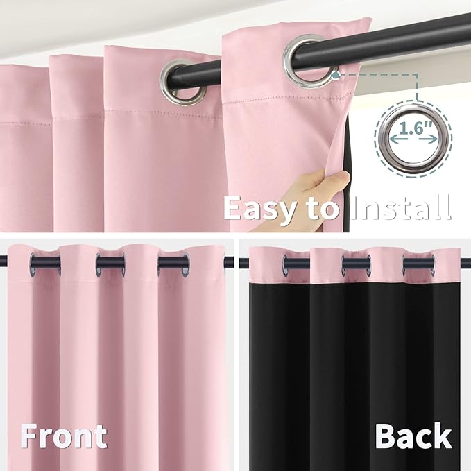 BGment Baby Pink 100% Blackout Curtains for Nursery Bedroom 63 Inch Length 2 Panels, Thermal Insulated Full Light Blocking Grommet Noise Cancelling Window Curtains for Girls Room, 52 Inch Wide Each