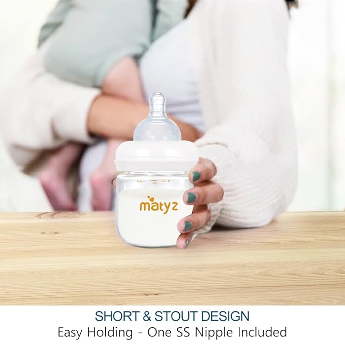 Matyz 1-Pack Glass Baby Breastfeeding Bottle with Cap (White, 4Oz) - Wide Neck New Born Bottles for Baby Breastfeeding Bottles for Newborn Babies Glass 4 Oz Glass Breastmilk Baby Bottles 0-3 Months