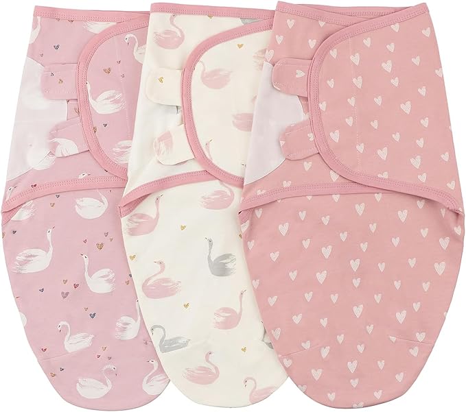 insular Baby Swaddle Wrap, Swaddle Blanket for Newborn and Infant, Adjustable Swaddling Set for Boy and Girl, Soft Cotton Baby Sleep Sack 3 Pack, Pink Swan, Small(0-3Month)
