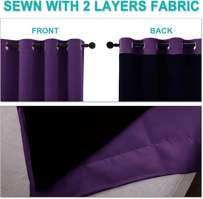 NICETOWN 100% Blackout Blinds, Set of 2, 46" x 102", Royal Purple, Laundry Room Decor Window Treatment Curtains for Large Patio Sliding Door, Thermal Insulated Curtains for Bedroom