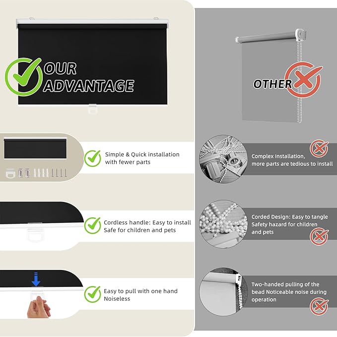 ChrisDowa Cordless Blackout Roller Shades for Windows, Thermal Insulated UV Protection Pull Down Shades, Total Blackout Window Blinds for Home, Office, Bedroom, Door (29" W x 72" H, Black)