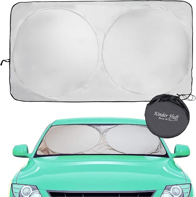 Kinder Fluff Windshield Sunshade | Reflective Patented Car Sun Protection - Certified 99% UVR Block - Cool Interior | Foldable Sun Visor Cover | Automotive Accessories for Summer Heat | Size L 63"x35"