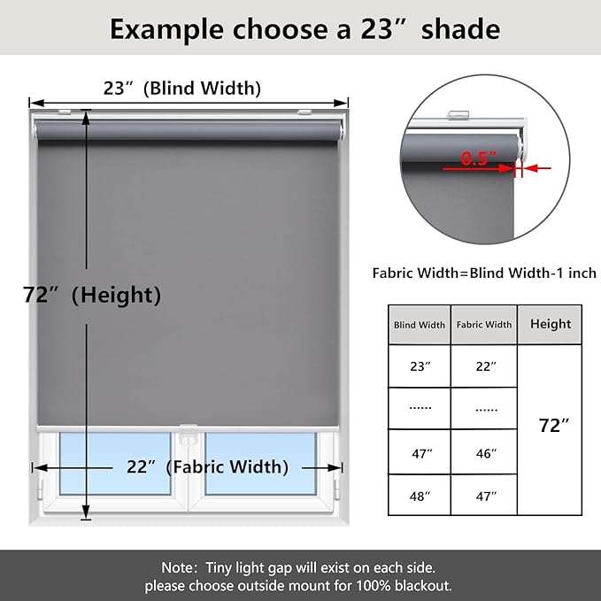 Cordless Roller Shades Blackout Blinds for Windows Room Darkening Rolled Up Shades with Spring System, UV Protection Window Shades Door Blinds for Home and Office (22" W x 72" H, Grey)