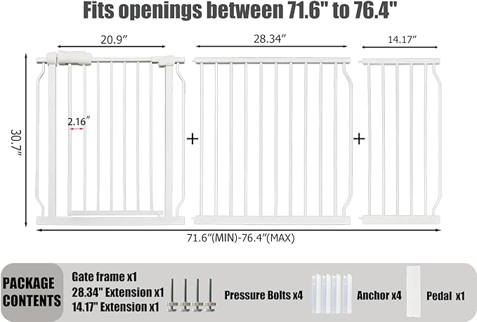Extra Wide Baby Gates - 71.6-76.4 Inch, Heavy Duty Baby & Pet Safety Gate, White Metal, Tension Mounted Child & Pet Gates for Stairs & Doorways