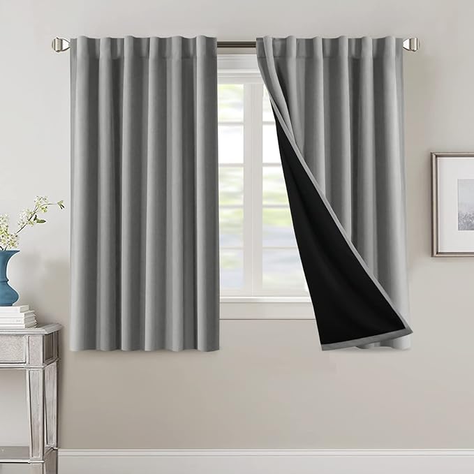 H.VERSAILTEX 100% Blackout Curtains for Bedroom with Black Liner Full Room Darkening Curtains 54 Inches Long Thermal Insulated Back Tab/Rod Pocket Window Drapes for Living Room, 2 Panels, Dove Grey