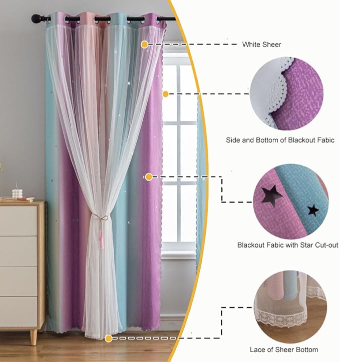 Star Girl and Kids Curtains for Bedroom Rainbow Ombre Double Layer Cute Shot Nursery Darkening Grommet Princess Room Décor 2 Panels Living Room Window Curtain (Pink Purple 35W x 72L)