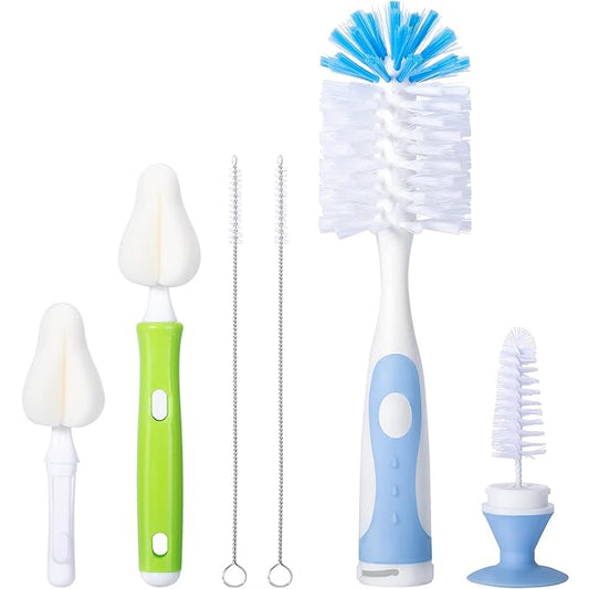 Carebabymore Baby Bottle Brush Set with Nylon Nipple Cleaner, Sponge & Straw Brushes (Blue)