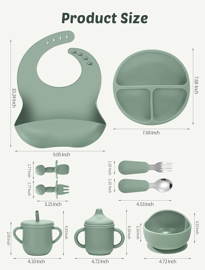 JELLDJK Silicone Baby Feeding Set, 18PCS Baby Led Weaning Supplies, Eating Essentials Utensils with Suction Plate and Bowl, Adjustable Silicone Bib, for 6+ Months (Blue+Beige)
