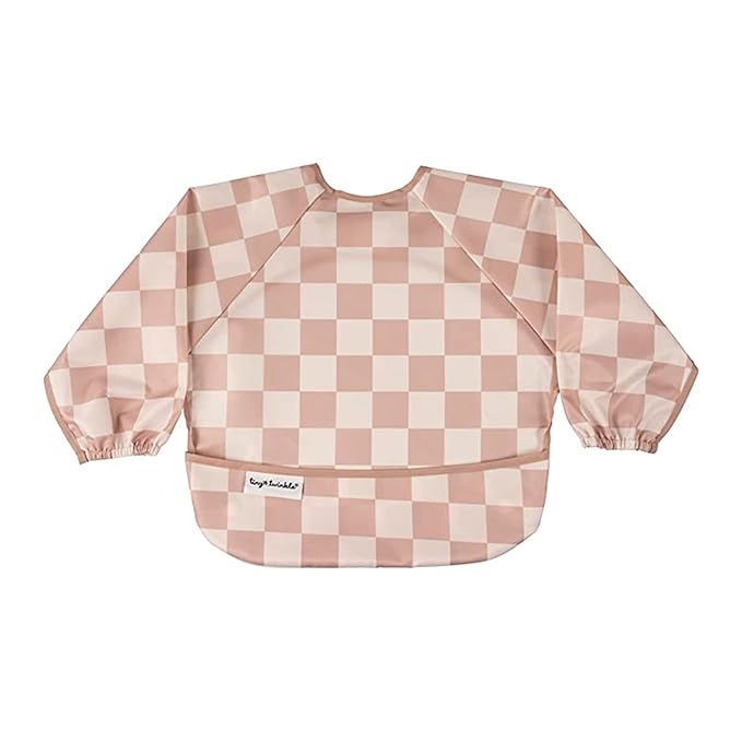 Tiny Twinkle Long Sleeve Bib for Babies & Toddlers | Waterproof Smock Bib for Eating | Machine Washable & Mess-Proof Feeding Essentials | Newborn Shower Gift (Checkers Brown, 6–24M)