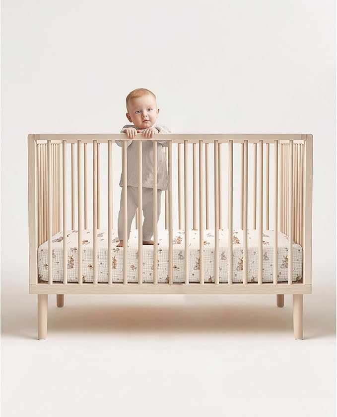 lulumoon Baby Muslin Crib Sheets: Soft & Breathable Fitted Crib Sheets for Boys and Girls - Khaki Bunny Sheets for Standard Crib 2Pack