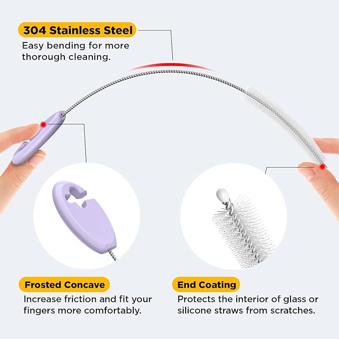 VOGOGE Baby Straw Brush Set, 4 Piece Cleaner Kit with Standable Key Ring for Sippy Cups, Weighted Straw Cups & Baby Bottles – Designed for 0–24 Months, Purple