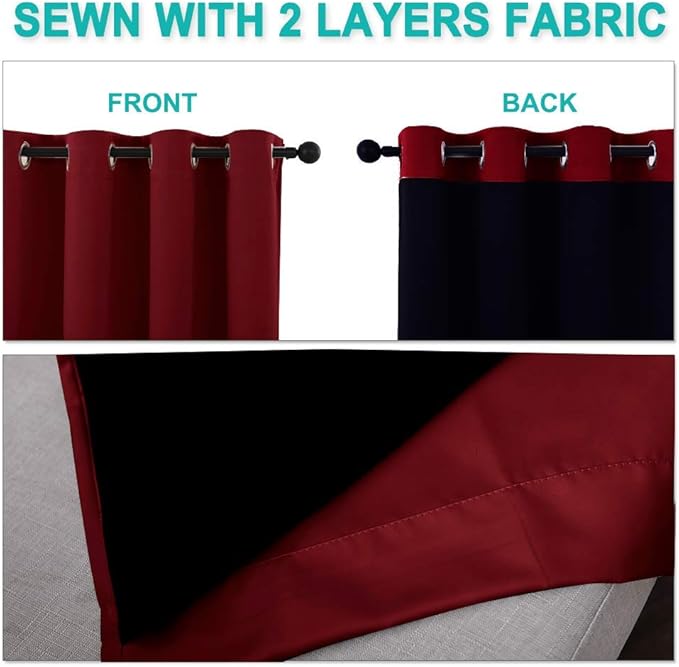 NICETOWN 100% Blackout Curtains 45 inches Long, Burgundy Red, 1 Pair, 42 inches Width Each Panel, 2 Thick Layers Completely Blackout Window Treatment Thermal Insulated Lined Drapes for Small Window