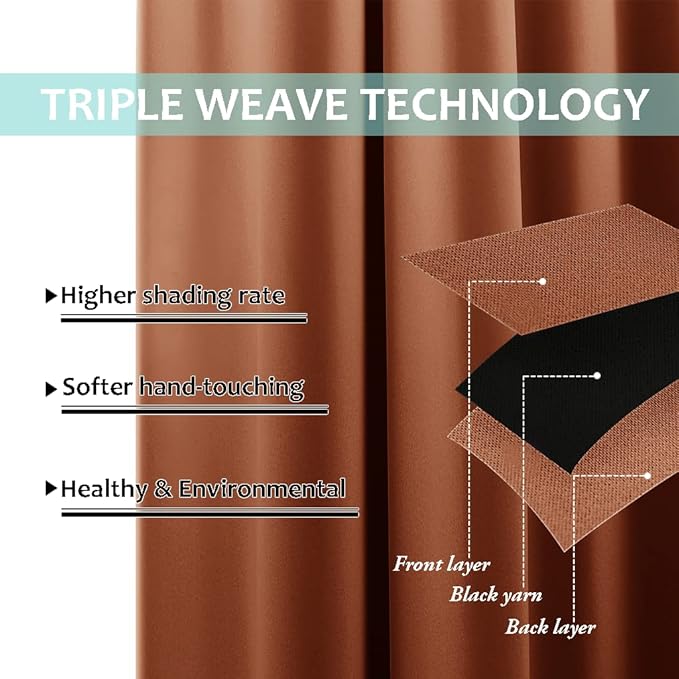 NICETOWN 100% Blackout Short Curtains with Black Liners, 2 Panels, 37" W by 50" L, Burnt Orange, Solid Thermal Insulated Full Blackout 2-Layer Lined Drapes, Energy Efficiency Window Drapes for Bedroom