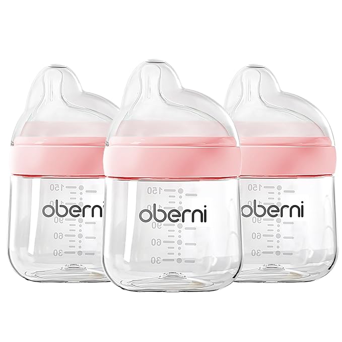 Oberni Baby Bottles with Slow Off-Centered Nipple for 0+ Months, Anti Colic Newborn Milk Feeding Bottle, 150ml/5oz/Pink/3Pack