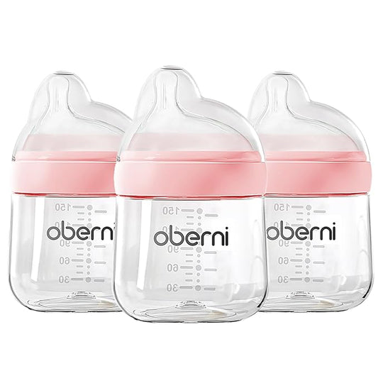 Oberni Baby Bottles with Slow Off-Centered Nipple for 0+ Months, Anti Colic Newborn Milk Feeding Bottle, 150ml/5oz/Pink/3Pack