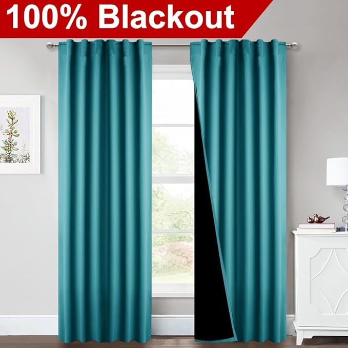 NICETOWN Peacock Teal Living Room Completely Shaded Draperies, Privacy Protection & Noise Reducing Drapes for Laundry, Black Lined Insulated Window Treatment Curtain Panels (2 Pieces, W52 x L84)
