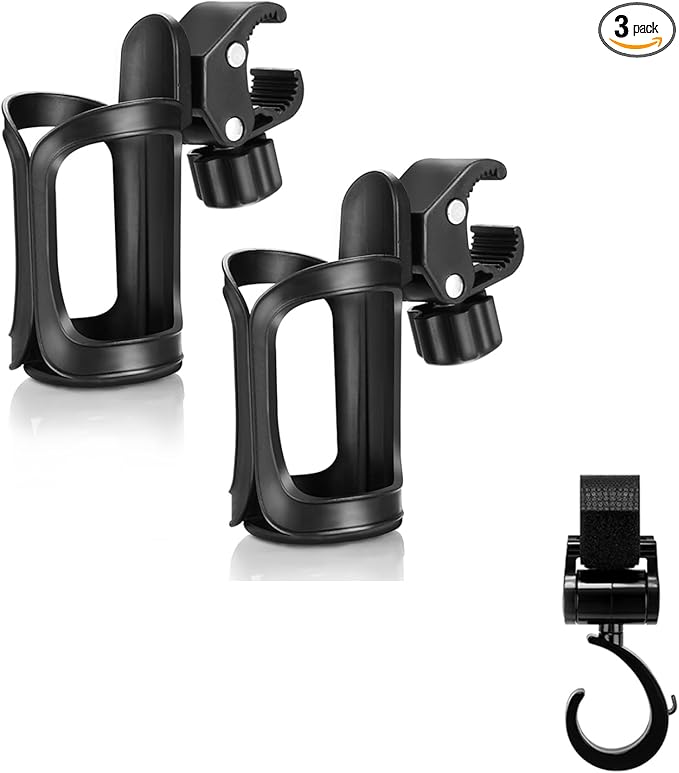 Accmor Stroller Cup Holder with Hook Set, Universal Cup Holder for Uppababy, Nuna, Doona Strollers, 360 ° Rotatable Bottle Holder for Stroller, Bike, Wheelchair, Walker, Scooter