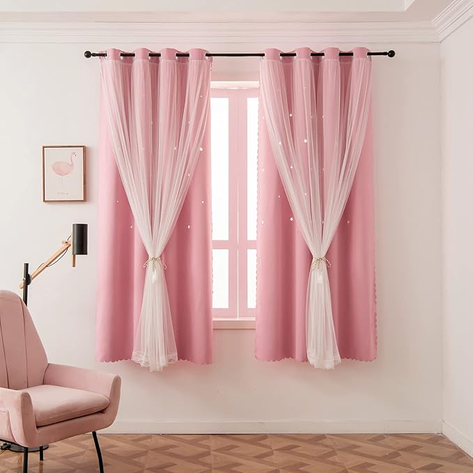 Girls Curtains for Living Room Bedroom Curtains Double Layer Blackout Curtain 63 Inch Length Star Cut Out Pink Curtain Window Drapes for Nursery 1 Panel (W52 X L63 Inches，Pink)