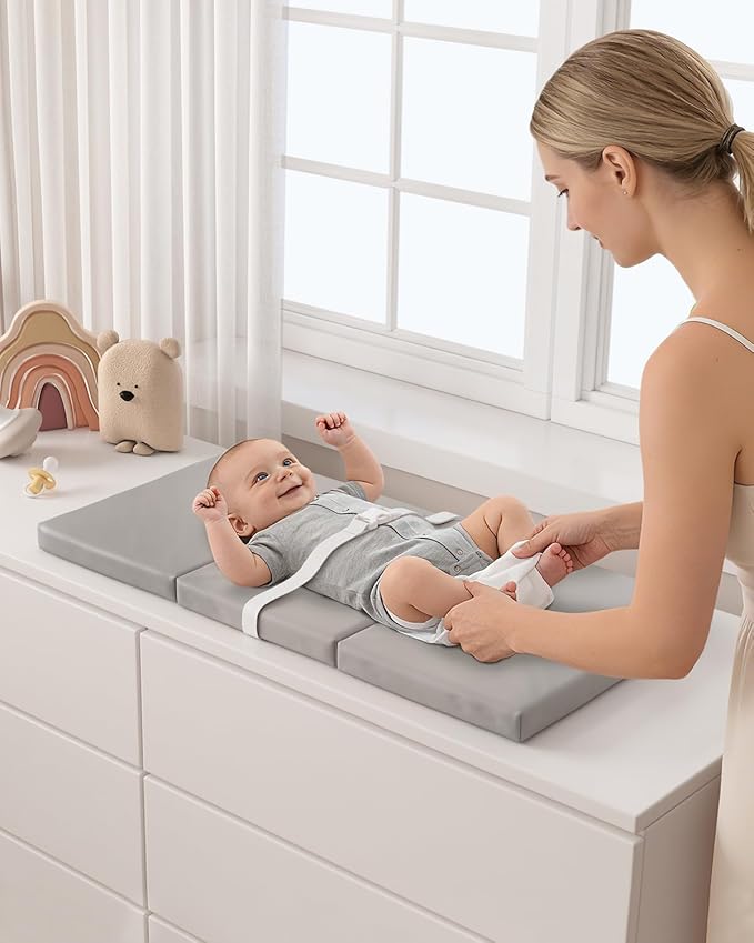 YACODAVO Foldable Baby Changing Pad with Vegan Leather Cover, Standard Side Waterproof & Wipeable Changing Pad for Toddler, Flat Foam Travel Diaper Changing Pad for Dresser and Table, Grey