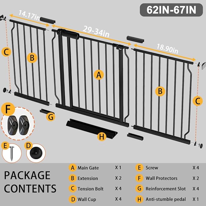 Fairy Baby Extra Wide Baby Gate Black 62-67 Inch Wide, Walk Through Pressure Mounted No Drill for Doorways, Long and Large Tension Gate for Pet and Kids