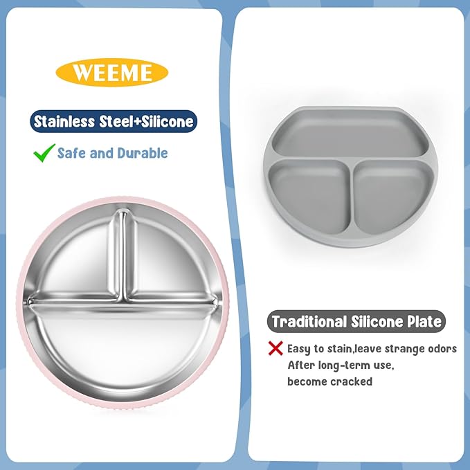 2-Pack Stainless Steel Kids’ Plates with Suction Bases, 8.26" Divided Toddler Plates with Removable Silicone Sleeves, Non-Slip, BPA-Free, Dishwasher Safe (Green & Beige)