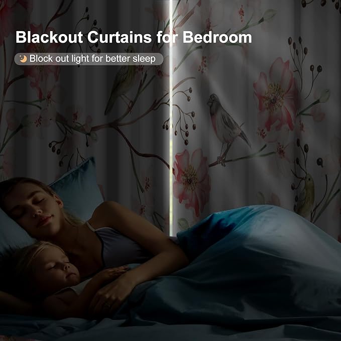 Blackout Curtains for Bedroom 84 Inches Long, Birds and Pink Floral Soundproof Blackout Curtains for Girls Room, Light Filtering Thermal Insulated Black Out Grommet Drapes 84 Inch Length 2 Panels Set