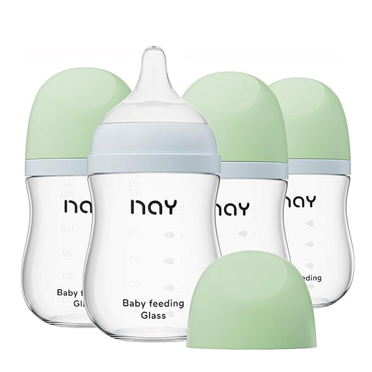 yanyoyo Natural Glass Baby Bottle Wide Neck, Anti-Colic Baby Bottle, Clear, 5.4oz(Pack of 4), Includes 4Pcs Natural Response Nipple(S), 1 Months+