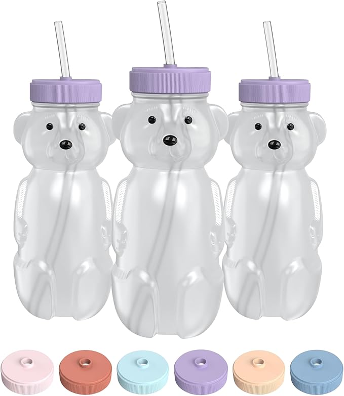 The 730 Project Honey Bear Straw Cup for Babies, 8-oz Honey Bear Cup with Lid, 3-Pack Therapy Learning Honeybear Straw, Baby Bottle Set, Unicorn PURPLE