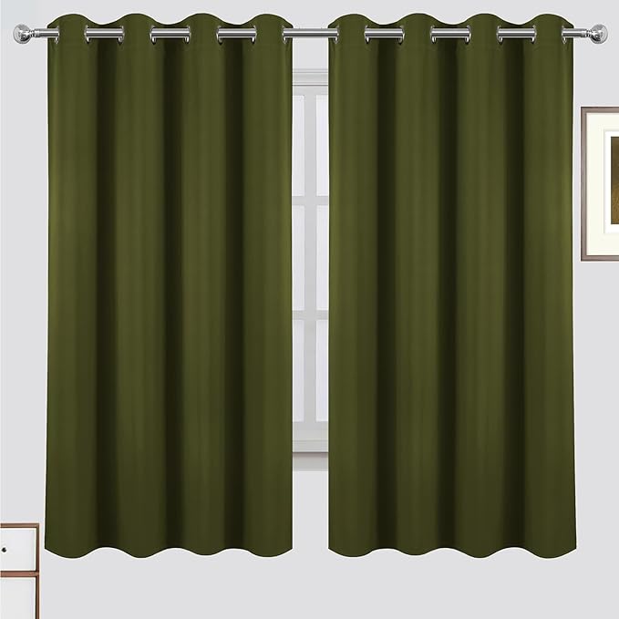LEMOMO 100% Blackout Curtains 52 x 63 Inch Olive Green Curtains 2 Panels Darkening Thermal Insulated Bedroom Curtains