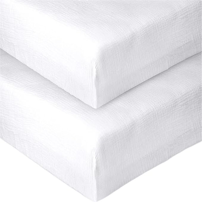 PET REJOIR 2 Pack Muslin Fitted Crib Sheets for Baby Girls & Boys-Neutral Breathable Crib Mattress Protector for Standard Crib Mattress (28"x 52") -White Crib Sheets No Slip Toddler Cotton Bedding