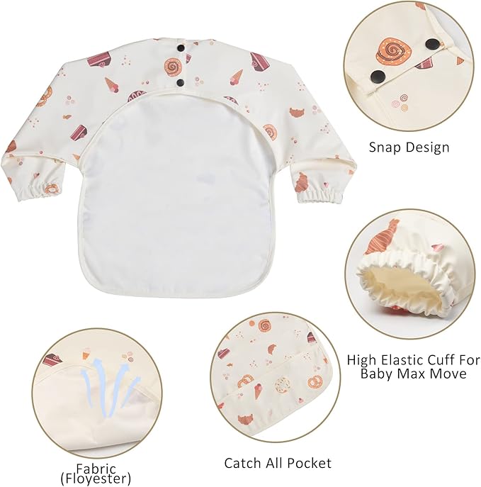 HALAA VAUVA Long Sleeve Baby Bibs for Toddlers, Waterproof, Boys Girls Smock with Food Catcher Pocket for Feeding, Eating