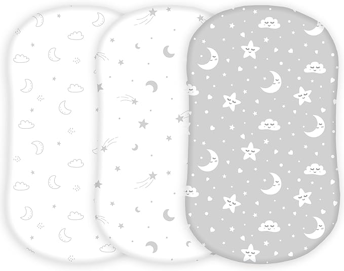 TansyPanda Halo Bassinet Sheets for BassiNest Luxe Swivel, Soothing, Swivel, Lite, Essential Sleeper, 3 Pack, 33 X 17 Inch, Ultra Soft, Snug Fit, Unisex Boys Girls, Gray White (Moon, Stars, Clouds)