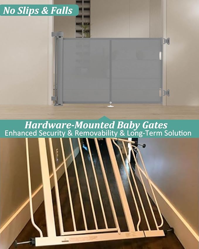 59 inch Retractable Baby Gates 42 inch Tall, Retractable Gate with Reinforced Strip Design to Prevent Crawling Through, 5 FT Retractable Dog Gate for Stairs, Doorways, Hallways, Indoor/Outdoor