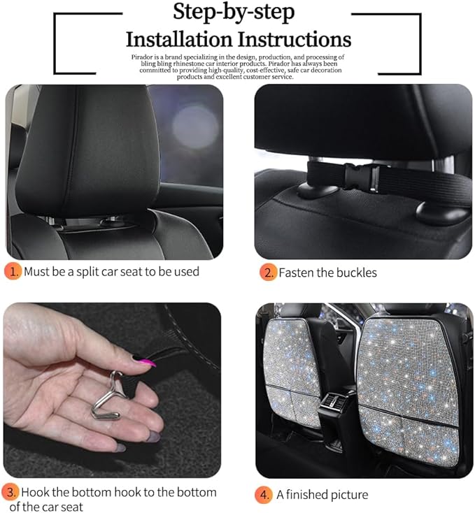 Bling Crystal Car Seat Back Kick Protectors with Storage, Sparkly Diamond Kick Mats, Universal Seat Protector for SUV and Automotive Crystal Auto Accessories for Women White 2pcs