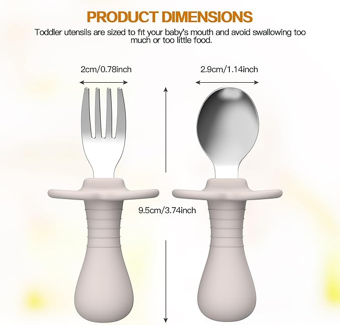 SFCCMM 4 Pieces Toddler Utensils, Kids Silverware Set with Silicone Handle, 18/8 Stainless Steel Children Safe Forks and Spoons, BPA Free, Anti-Choke Design (Lite Blue, Grey)