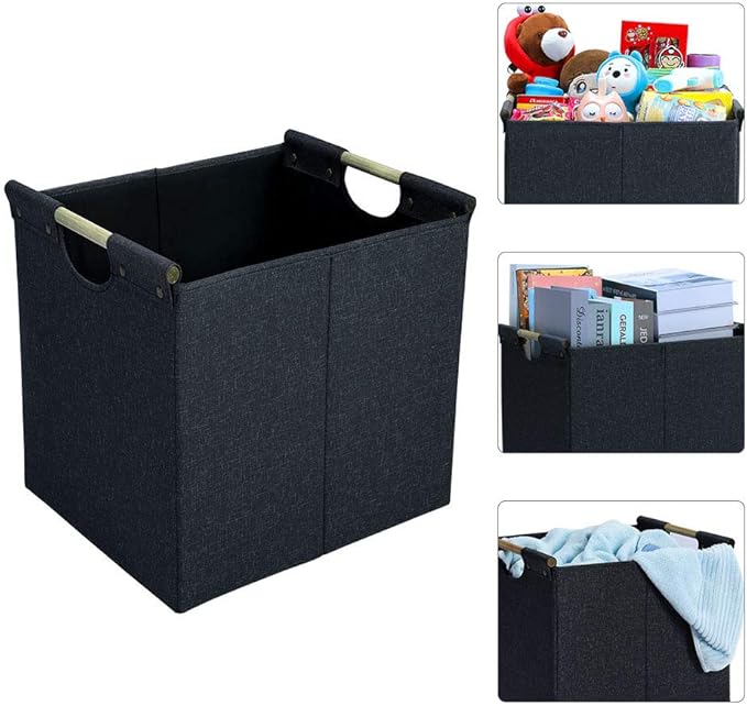 HOONEX Collapsible Storage Bins, 13x13x13in Storage Cubes Linen Fabric, 3 Pack, Storage Baskets with Wooden Carry Handles and Sturdy Heavy Cardboard, for Home, Office, Car, Nursery, Dark Grey