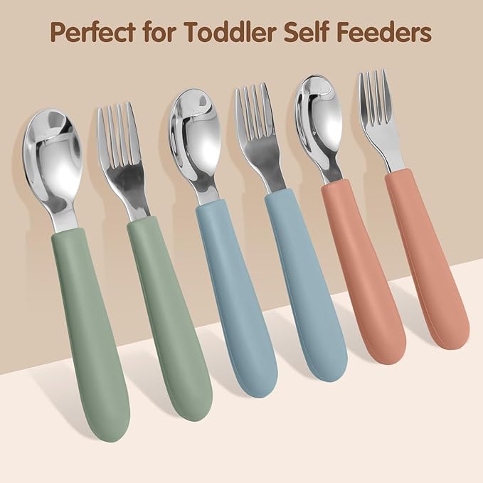 Eascrozn Toddler Utensils, Kids Silverware with Silicone Handle, Spoons and Forks Set, 18/8 Stainless Steel Children Safe Feeding Supplies, 6 Pack, Dishwasher Safe