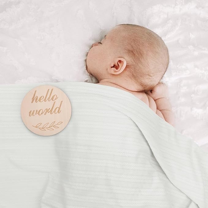 BQUBO Baby Swaddle Blankets for Girls, 4PCS Newborn Accessories Set with Hat and Bow Headband with Hello World Wooden Birth Announcement Card, Baby Blankets for Girls (White)