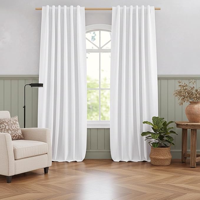 NICETOWN Dual Rod Pocket 100% Blackout Linen Long Curtains for Living Room with Thermal Insulated White Liner, Pure White, 52" Wide, 95" Long 2 Panels Set, Thermal Insulated Privacy Drapes for Bedroom