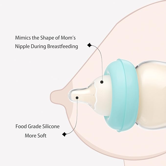 YOHKOH Natural Glass Baby Bottle with Level 1 Slow Flow Nipple, Newborn Anti-Colic Baby Bottles, Wide Neck Mushroom Baby Glass Bottle ((5.4oz (Pack of 2), Blue-A)