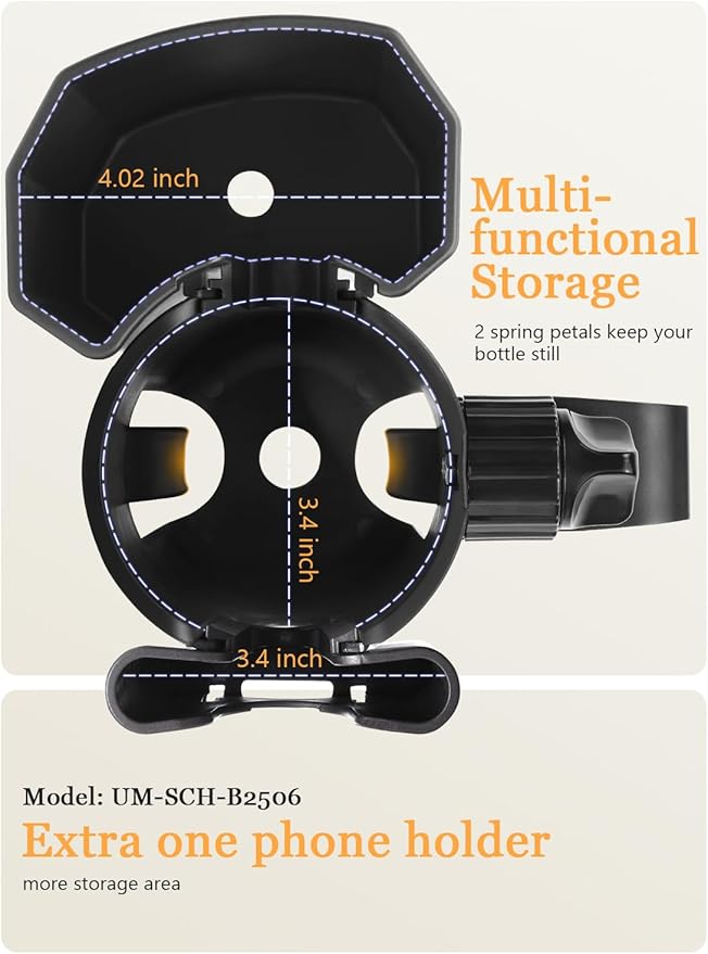 Universal Stroller Cup Holder with Phone Holder, 360° Rotatable Strong Clip, Big Storage Space for Walker, Wheelchair, Stroller, Bike (UM-SCH-B2507)
