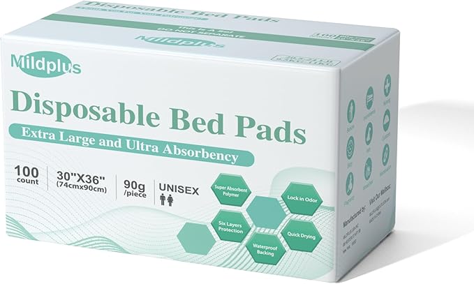 MILDPLUS 100 Count Disposable Bed Pads , 30x36 Inch Extra Large Incontinence Underpads | Heavy Absorbency 90 Grams Pee Pads for Adult, Senior, Baby & Pet Care (No Adhesive)