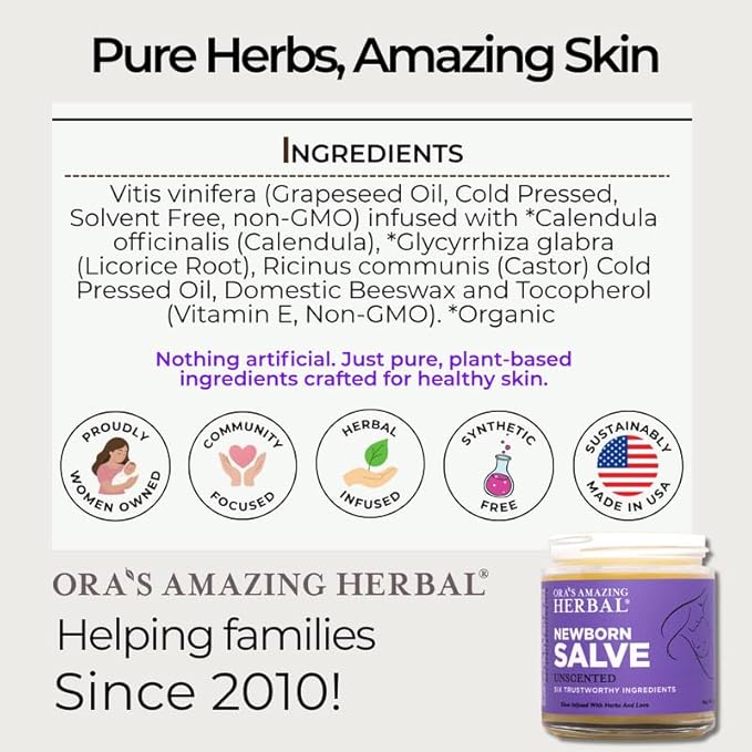 Ora's amazing Herbal, Newborn Salve, Diaper Rash Cream, Calendula Baby Balm, EWG Verified Baby Ointment, Acne Eczema, Butt Cream, Infant Massage, Natural Paraben Free, Good for Sensitive Skin 1 oz
