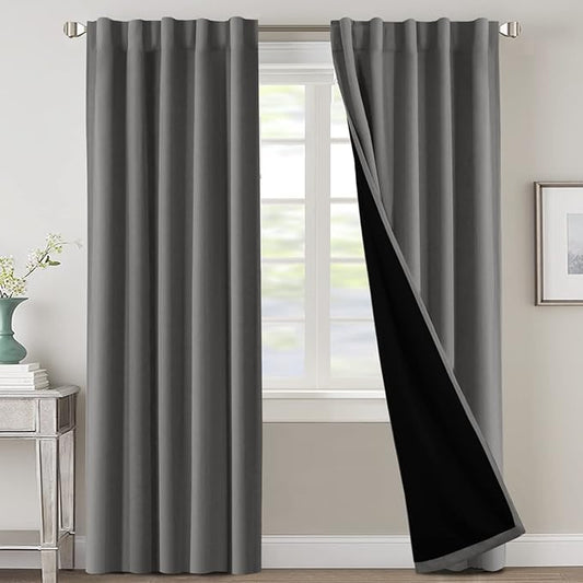 H.VERSAILTEX 100% Blackout Curtains for Bedroom with Black Liner Full Room Darkening Curtains Thermal Insulated Back Tab/Rod Pocket Window Drapes for Living Room, 2 Panels, 42 x 84 Inch, Grey