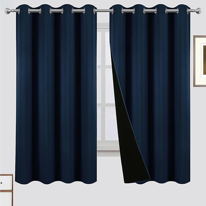 LEMOMO 100% Blackout Curtains 52 x 63 Inch Navy Blue Curtains 2 Panels Darkening Thermal Insulated Bedroom Curtains