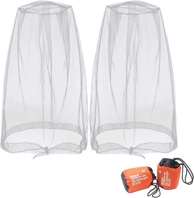 Benvo Mosquito Head Net Mesh, Face Neck Fly Netting Hood from Bugs Gnats Noseeums Screen Net for Any Outdoor Lover- with Carry Bags Fits Most Sizes of Hats Caps (2pcs, Light Grey, Updated Big Net)