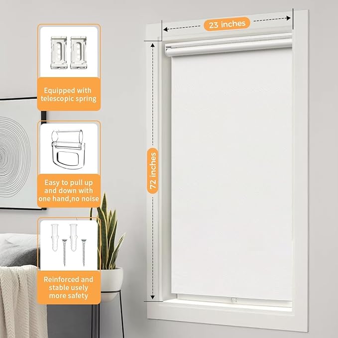 Cordless Roller Shades Blackout Blinds for Windows Room Darkening Rolled Up Shades with Spring System, UV Protection Window Shades Door Blinds for Home and Office,Bedroom (White, 23" W x 72" H)