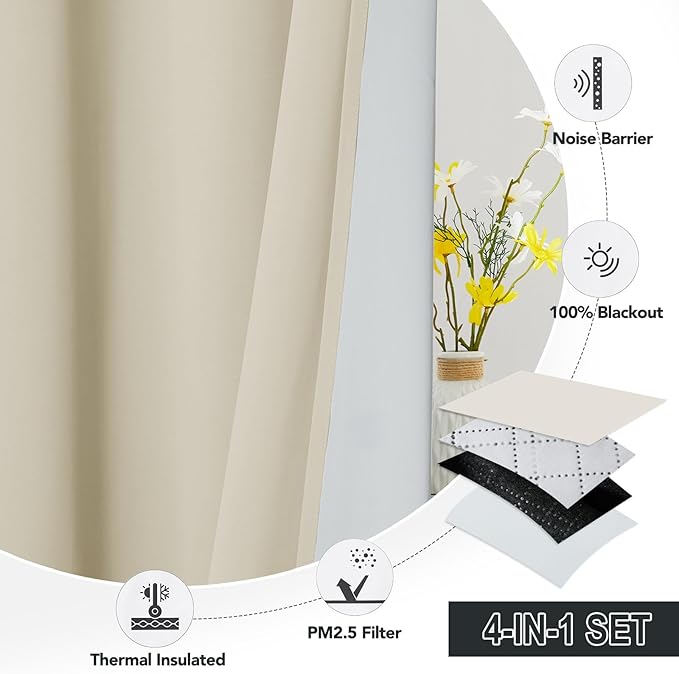 RYB HOME Soundproof Curtains for Bedroom, PM2.5 Particle Filter 100% Blackout Energy Saving Small Window Curtains for Baby Nursery Living Room Home Office, Beige, W 42 x L 63 inches, 2 Pcs
