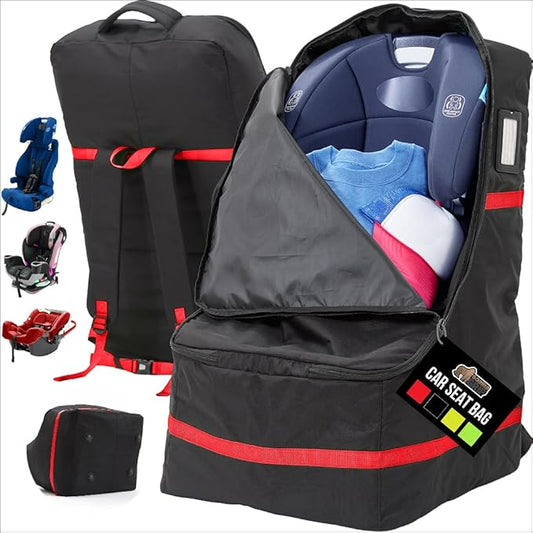 GORILLA GRIP Tear and Water Resistant Padded Car Seat Travel Bag for Airplane and Airport, Universal Fit Baby Carseat Bags, Handle & Shoulder Straps, Air Gate Check Toddler Stroller Carrier, Red